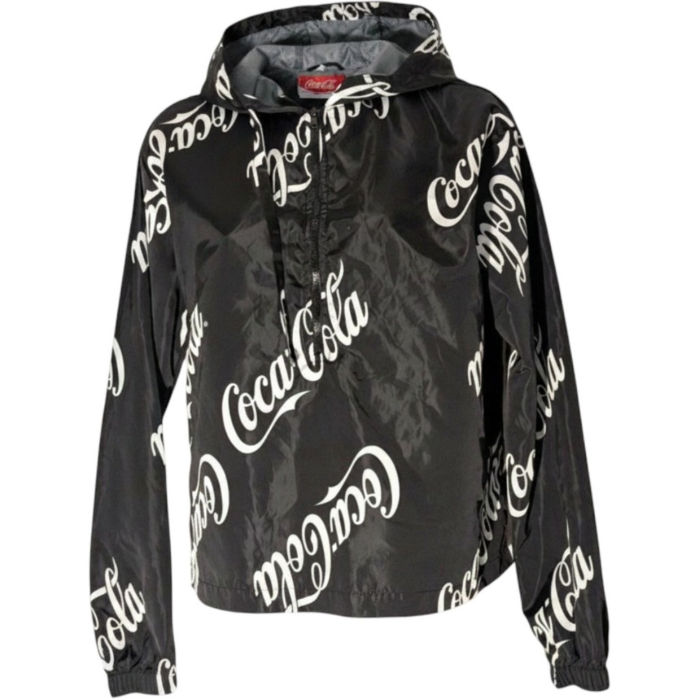 COCA COLA logo windbreaker black white 1/2 zip pullover hood L large‎ see mez